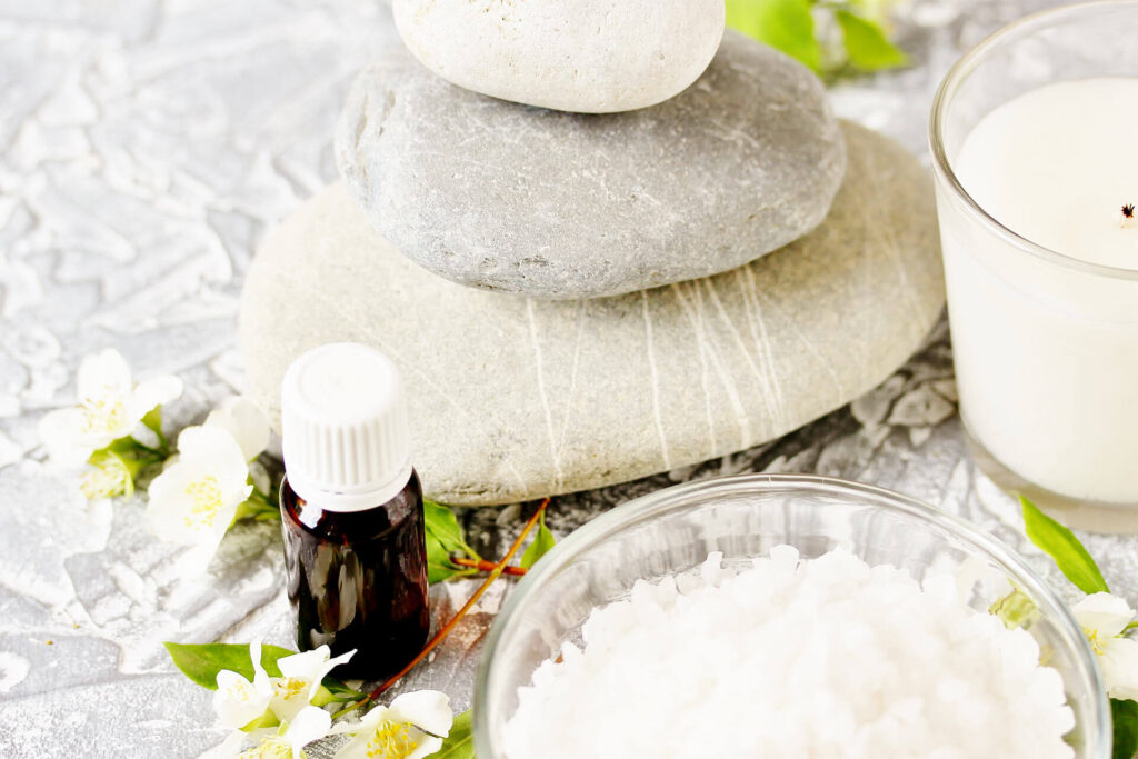 spa aroma salt with jasmine essential oil, Spa and bath homemade cosmetics,